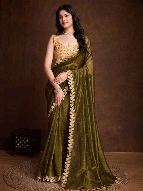 Shiny Green Gold Infused Twill Saree